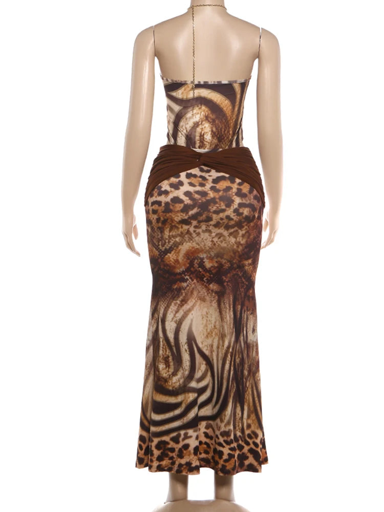 Kliou Sexy Fashion 2 Piece Set Woman Leopard Print Metal Chain Halter Backless Skinny Bodysuit+Tassel Long Skirt Wild Style Suit