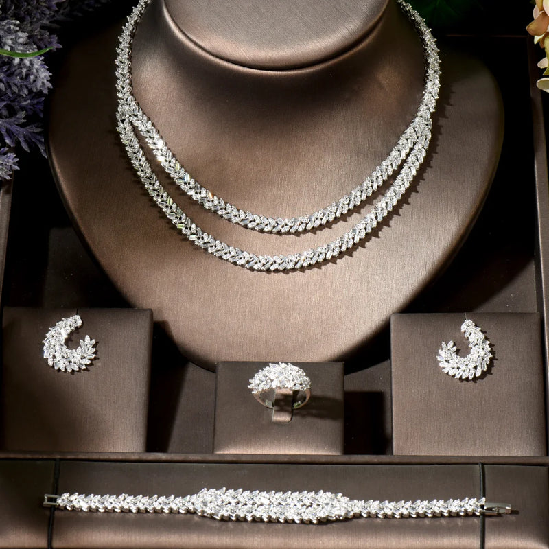 Conjunto de joias de casamento de zircônia cúbica, conjunto de 4 peças para noivas, conjunto de joias femininas, reprodução de marca de joias
