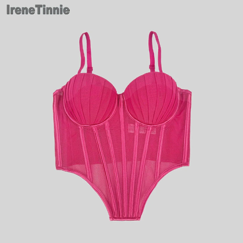 Corpete transparente de malha feminino, faixa espinha de peixe na cintura, corpete bustiê, tops sensuais