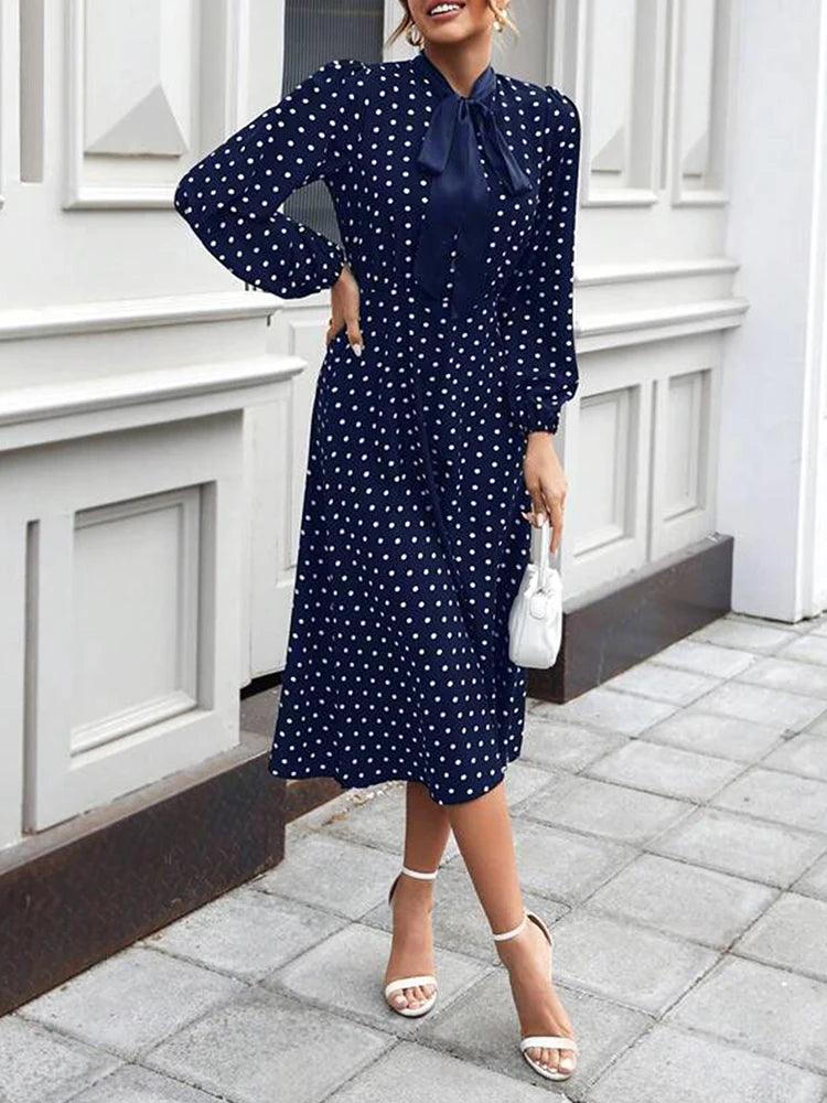 Women's Fashion French Full-body Polka Dot Print Tie Lantern Sleeve Small Stand Collar With Bow A Swing Dress - CRAVO ROSE