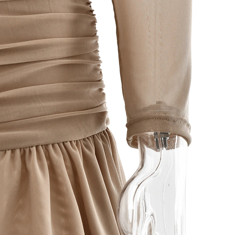 Fantoye Sexy Strapless Two Piece Sets Women Skirt Suit Khaki Long Sleeve Top Ruffle Skirt Female Spring Slim Elegant Skirt Sets