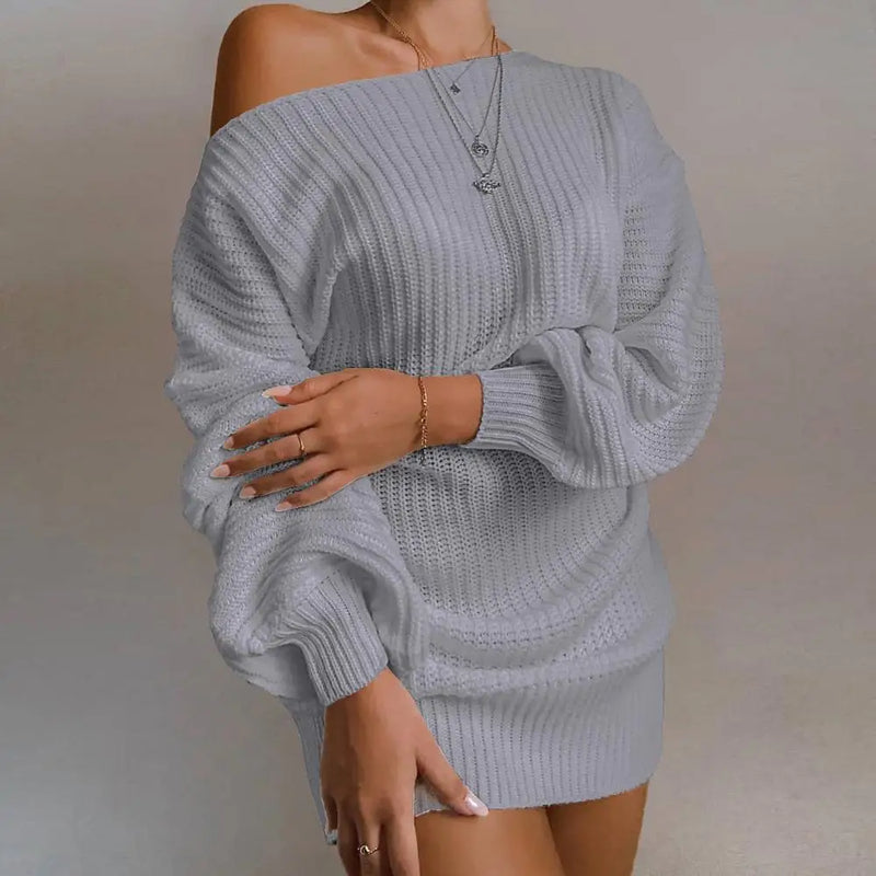 Womens Dresses Spring Fashion Cold Shoulder Lantern Sleeve Casual Plain Long Sleeve Daily Mini Knit Sweater Dress Woman Clothing - CRAVO ROSE