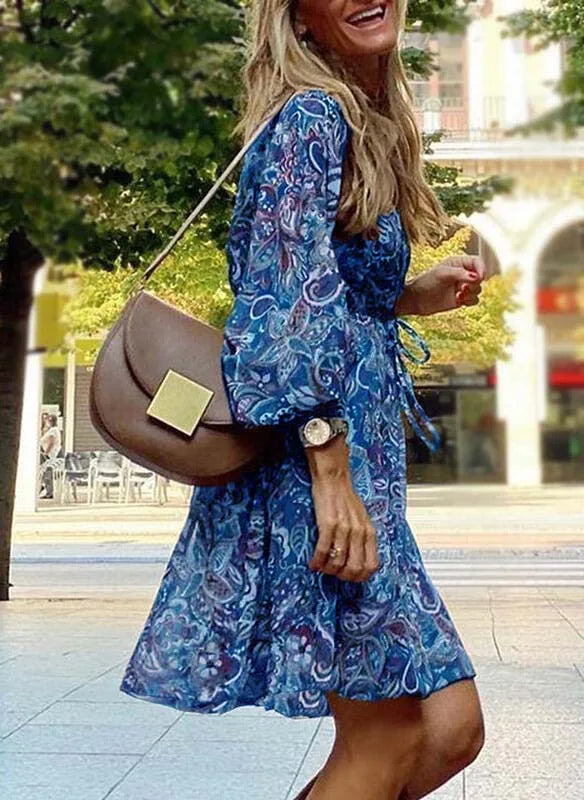 Vestido feminino com estampa floral, vintage, para trabalho, decote em V, elegante, plissado, paisley, manga bufante, babados, vestido casual