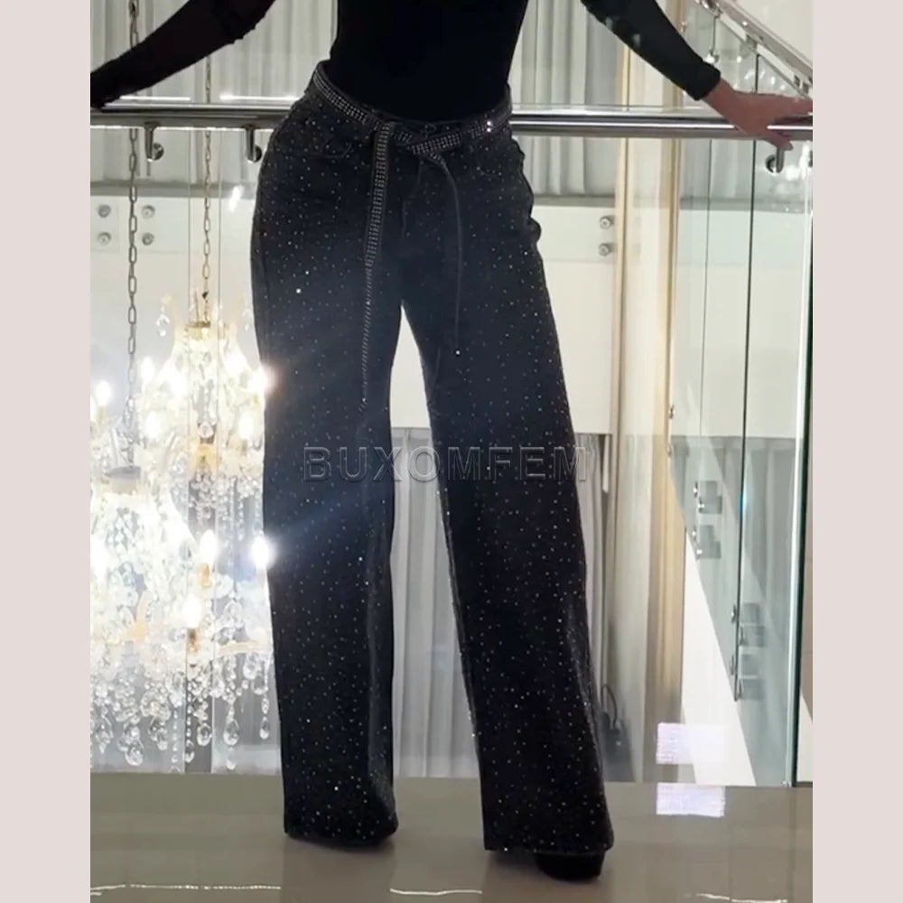 Women's Wide Leg Loose Jeans Drilled Straight Leg Pants 2025 Stylish Baggy Trousers Ladies Fashion Y2K Streetwear Outfit Bottoms