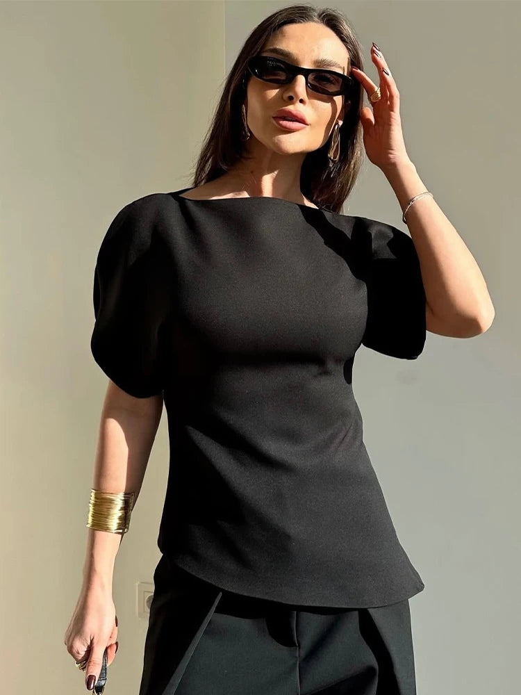SLTNX Women's Elegant Vintage Short Puff Sleeve O-Neck Asymmetrical Hem Blouse - 2026 Spring Summer Y2K Streetwear Top