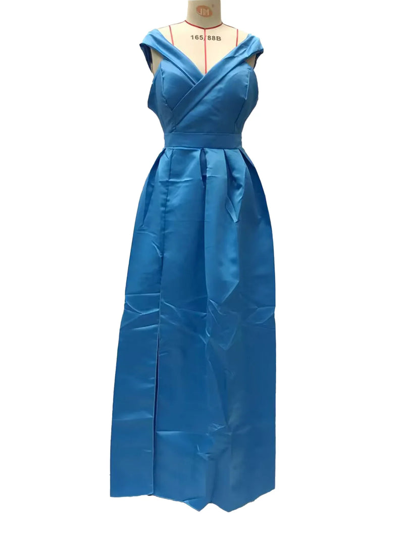 Women's Long Loose Maxi Dress Summer Deep V-neck Solid Color Satin High Split Strapless Short Sleeve Dress