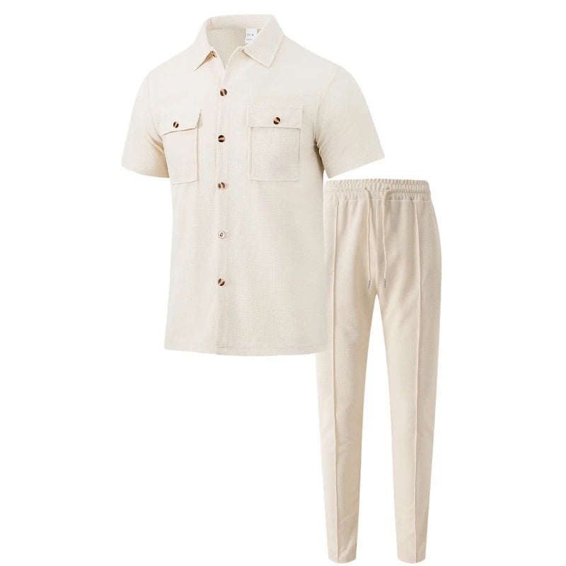 Conjunto de duas peças masculino, camisa casual leve, cor sólida, bolso com botão, tendência waffle, manga curta, calça, verão 2025
