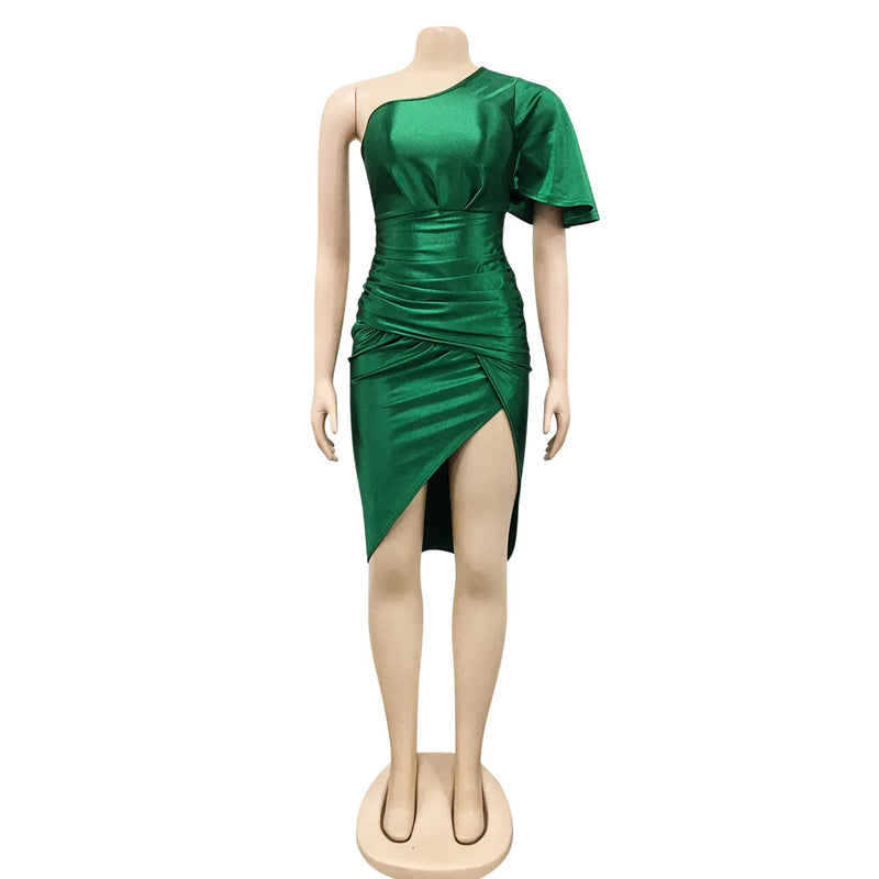 Clothing 2022 Summer Solid High Split One Shoulder Elegant Midi Dress For Woman Birthday Nightclub Party Club Dresses Vestidos