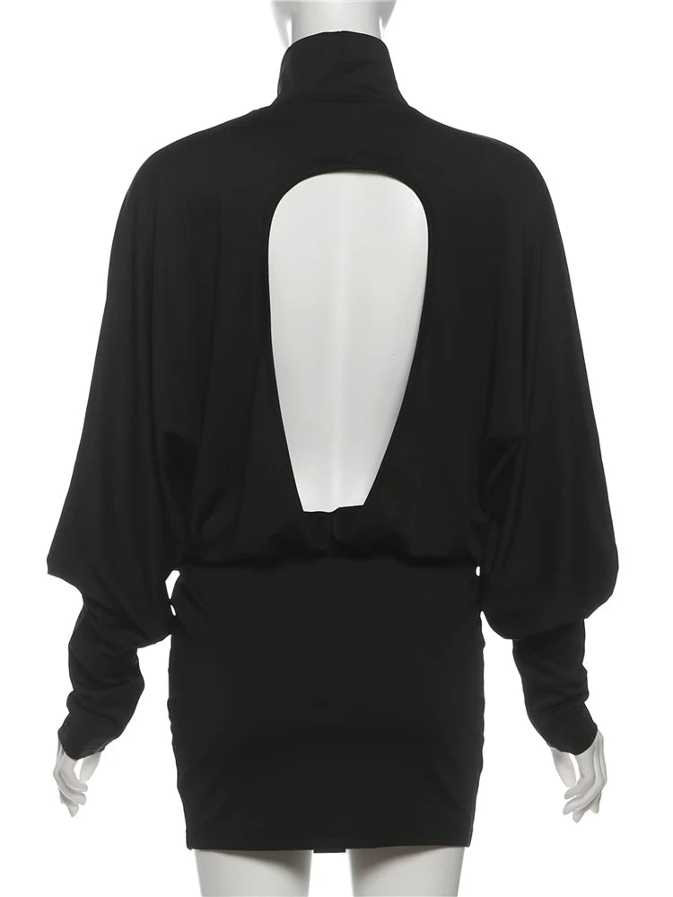 Nibber Backless Dress Women Turtleneck Lantern Sleeve Solid High Elasticity Sexy Simple Classic Street Prom Party Mini Bodycon