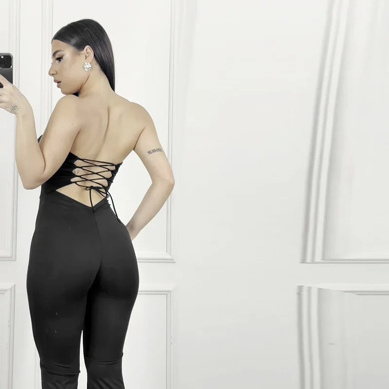 2025 Summer Women's Solid Color Back Strap Strapless Strapless Open Shoulder Tight Micro Flared Pants Jumpsuit
