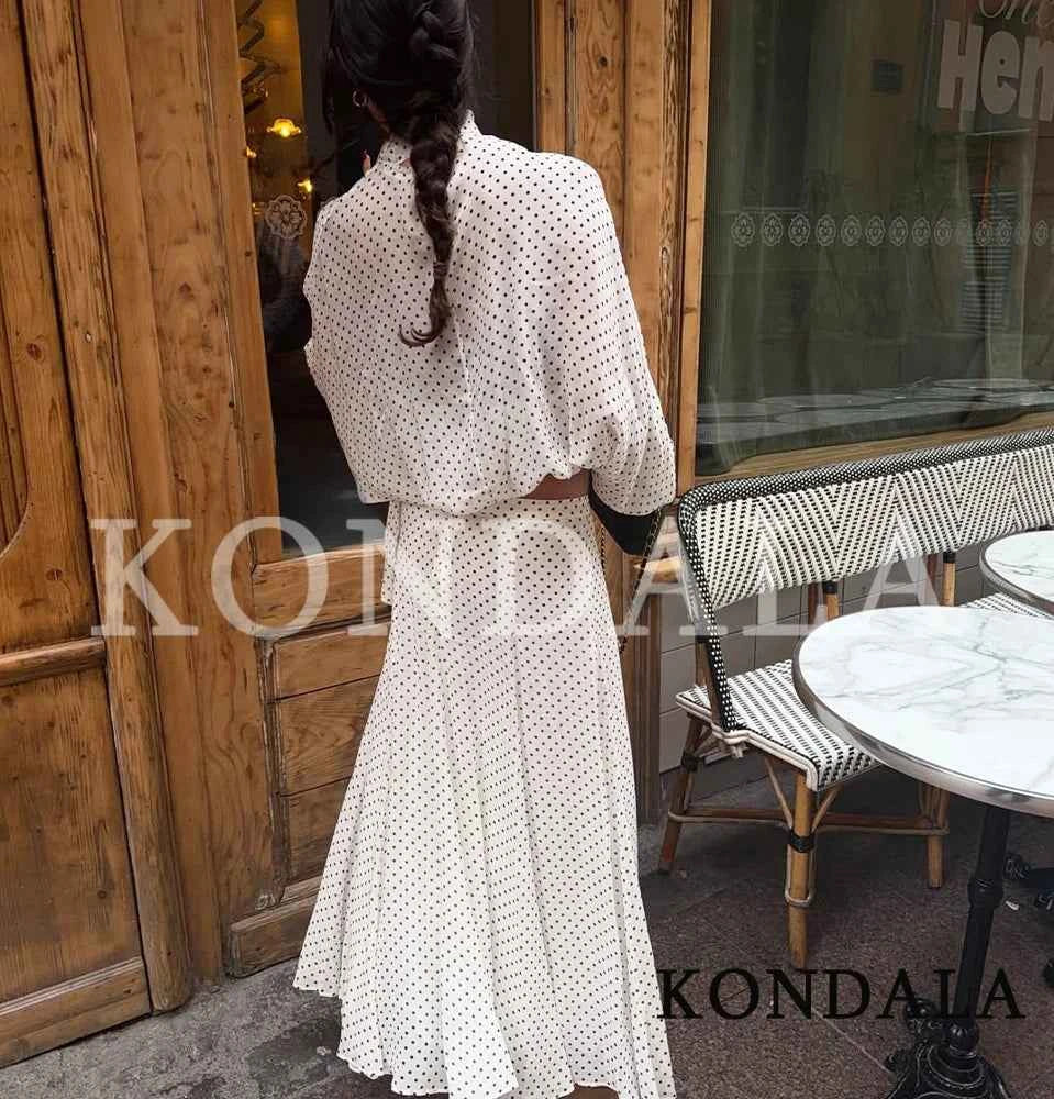 KONDALA Elegant Polka Dot Skirt Set Women's Summer Holidays Beach Casual Set Bow Collar Shirt, Midi Skirt 2026 Trendy Skirt Set