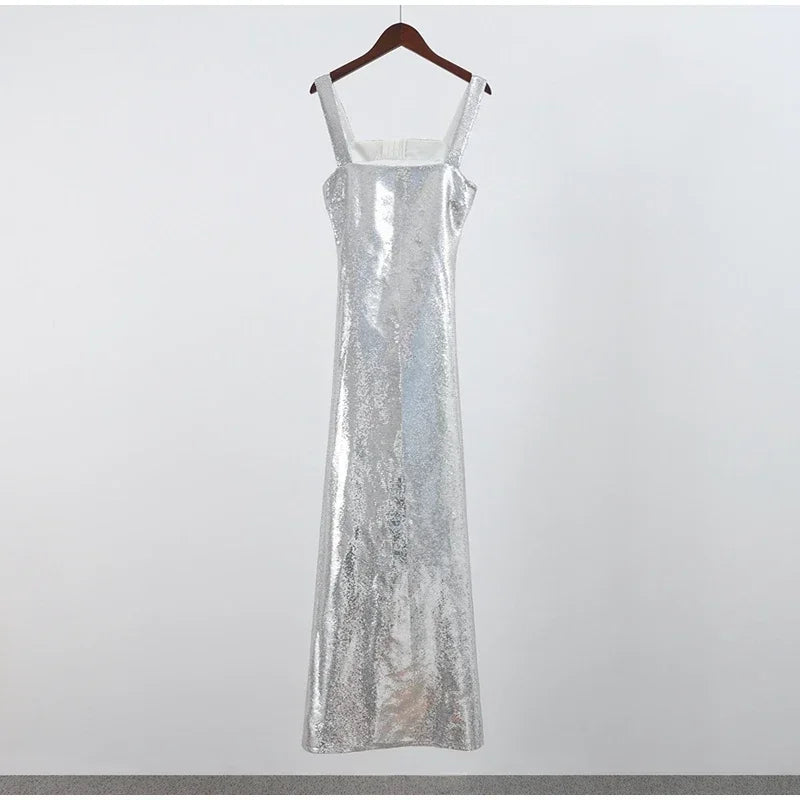 Jinia sexy sling backless silvery party women dresses evening luxury sequins bodycon sleepveless long dress ladies ball gown hot