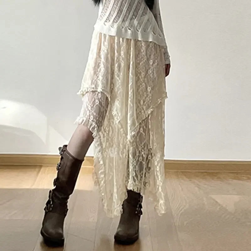 Saia assimétrica de renda Fairycore feminina vintage Y2K Boho estética moda cintura alta saias médias femininas roupas de férias