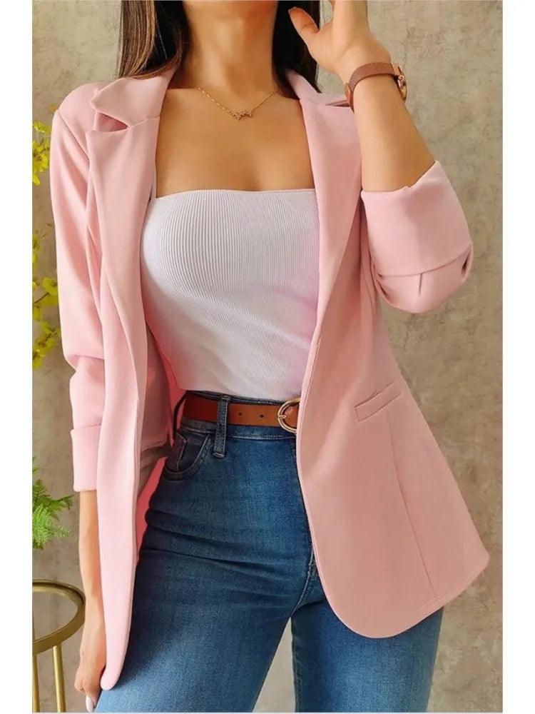 Casual Long Sleeve Suit Jacket Office Lady Spring Autumn Fashion Solid Turn Down Collar Slim Coats For Women 2023 Female Tops - CRAVO ROSE