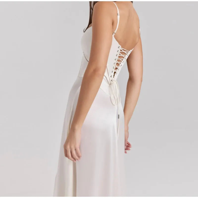 Elegant Lace Up Solid Camisole Maxi Dresses Fashion New Contrasting Cropped Long Gown 2025 New Female Party Beach Evening Robes