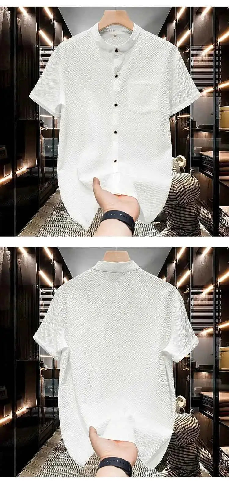 M-5XL Summer Men's Shirt Short Sleeved with Bubble Gauze Textured Fabric Thin Quick Drying Stand Up Collar Short Sleeved Shirt