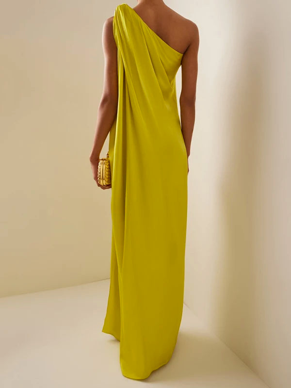 Vestido de noite elegante feminino Freeacy Loose Fit, cor sólida, amarelo, um ombro só, cintura alta, corte H, fenda lateral, vestido longo