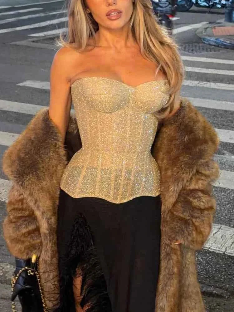 Women Sexy Sequin Lace Up Shell Corset Chic Strapless Backless Off Shoulder Slim Waist Cinching Vest 2026 Lady High Street Top