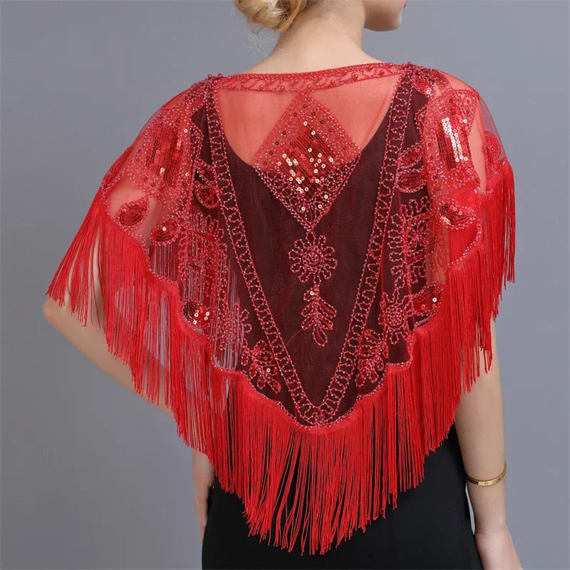 Summer Sequins Tassels Poncho Women Coat Party Outfits Cape Mesh Jacket Ladies Cloak Shawls Casaco Outerwear Wraps Woman Clothes