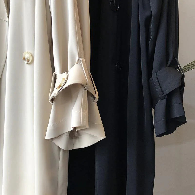 New Fashion Women's Long Trench Coat Spring Autumn Temperament Thin Windbreaker Coat Female Casual Parker Overcoat Apricot Black