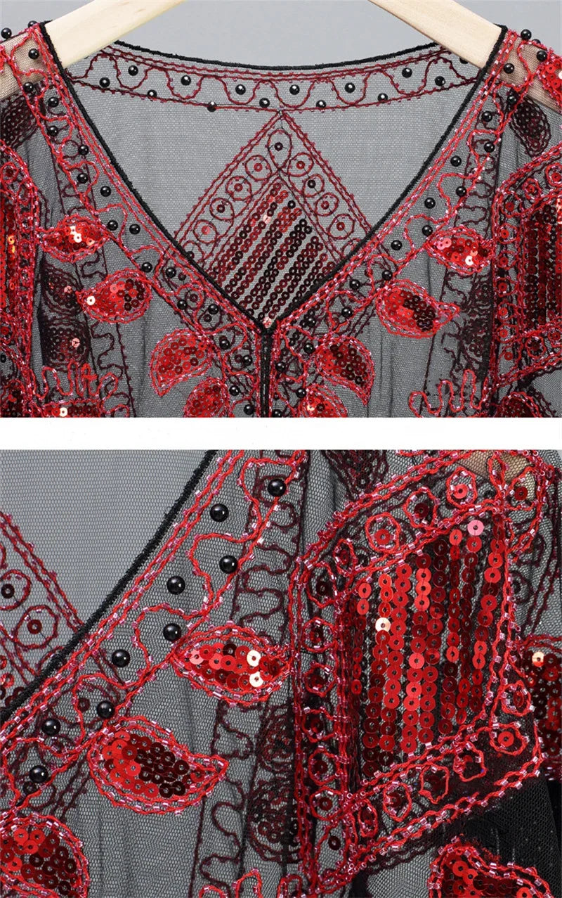 Summer Sequins Tassels Poncho Women Coat Party Outfits Cape Mesh Jacket Ladies Cloak Shawls Casaco Outerwear Wraps Woman Clothes