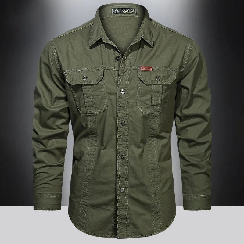 Camisa cargo de algodão para primavera para homens, camisas de manga comprida com vários bolsos, roupa casual para atividades ao ar livre, camisa militar de alta qualidade