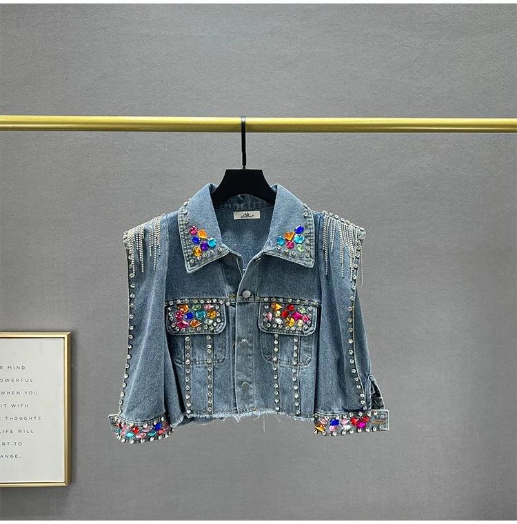 Tassel Rivet Colorful Diamond rhinestone luxury Fashion Women Long Sleeve Streetwear Outwears denim Jackets Coat Summer - CRAVO ROSE