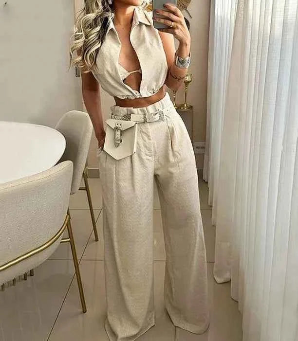 Casual Two Piece Pants Set outfits 2025 Solid Lapel V Neck Sleeveless Crop Top High Waist Pocket Wide Leg Pants Set Streetwear
