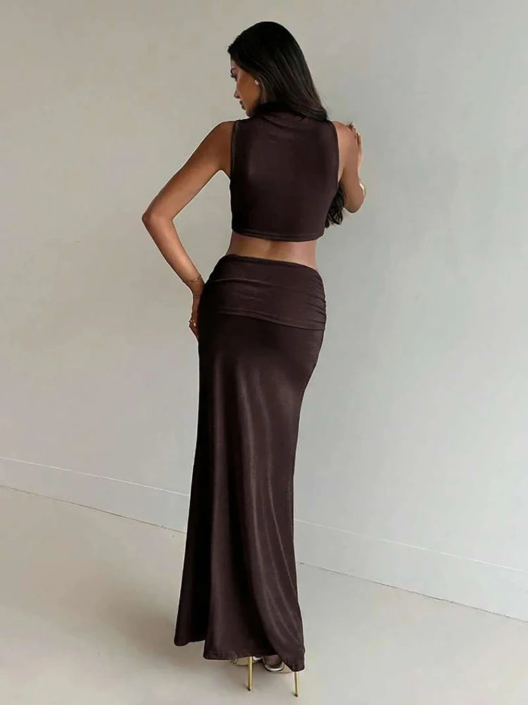 Kliou Elegant Chic 2 Piece Set Woman Turtleneck Beads Chain Decoration Irregular Crop Tops+Ruched Elastic Waist Long Skirt Suits