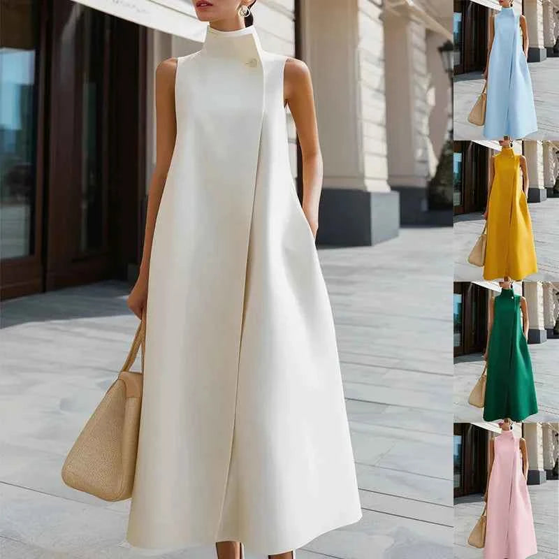 2026  Europe & America Cross-Border New Elegant Commuter Stand Collar Single Button Solid Color Sleeveless Vest Dress