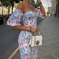 Elegant Party Summer Women's Dress Fashion Floral Print Sexy Strapless Lace Hem Off-the-shoulder Puffy Sleeve Wrap Hip Dress