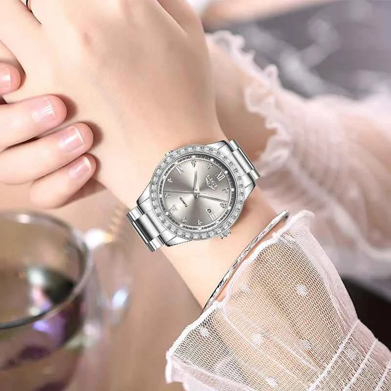 LIGE elegant women's watch Fashion waterproof clock luminous stainless steel business quartz watch for Women reloj de mujer+BOX