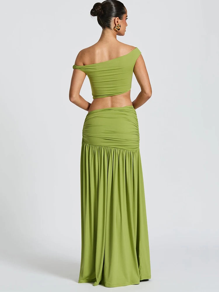 Sibybo Elegant Metal 2 Piece Set Women Partywear Oblique Shoulder Irregular Crop Top Side Slit Ruched Maxi Skirt Matching Outfit