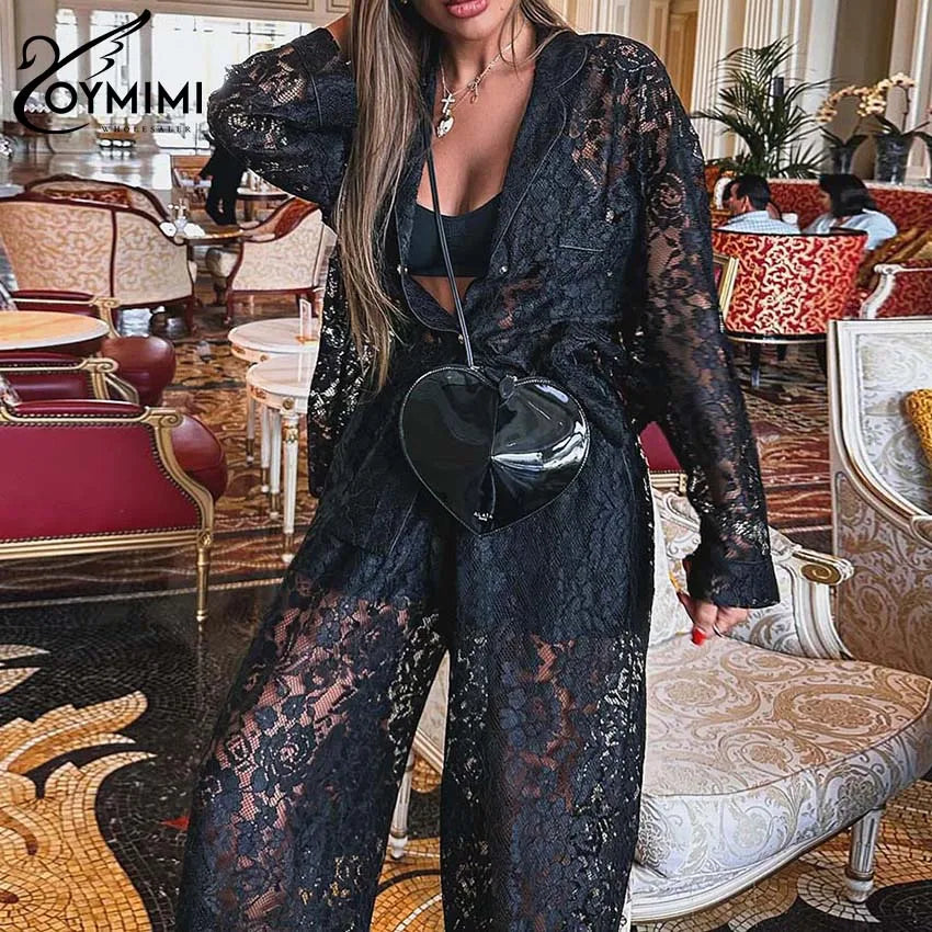 Oymimi Summer Pink Perspective Sets Womens 2 Piece Casual Long Sleeve Button Shirts And High Waist Straight Trousers Female Sets