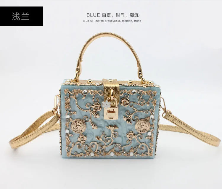 Box Designer evening bag diamond flower Clutch Bag hollow relief Acrylic luxury handbag banquet party purse women's Shoulder bag