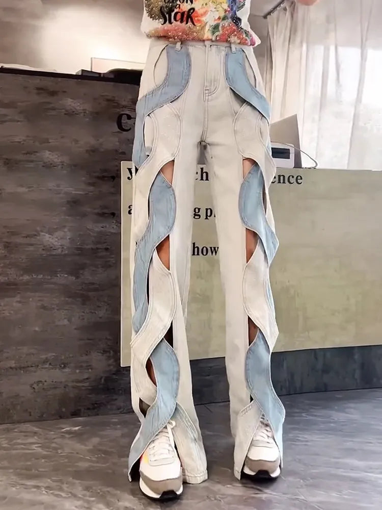 Calça jeans feminina VGH Crisscross Hit Color Streetwear cintura alta patchwork bolsos vazados calças femininas