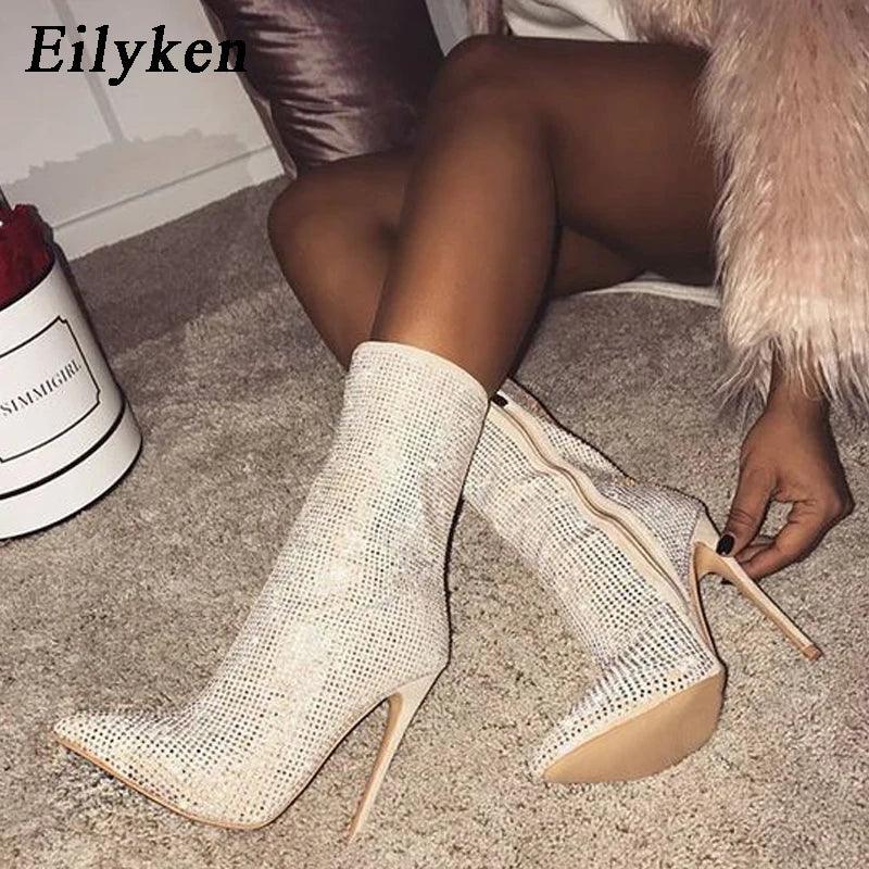 Eilyken Crystal Rhinestones Woman Ankle Boots Zipper Pointed Toe High Heels Sexy Modern Booties For Females Shoes - CRAVO ROSE