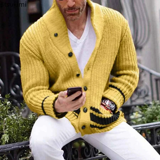 2026 Autumn Winter Men Knitted Sweaters Warm Coats Men's Streetwear Single Breasted Top Cardigan Yellow Red Solid Sweater Male