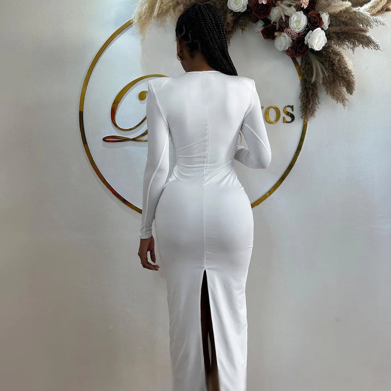 Hawthaw Women 2024 Spring Autumn Sexy Long Sleeve Party Club Hollow Out Bodycon White Long Dress Wholesale Items For Business