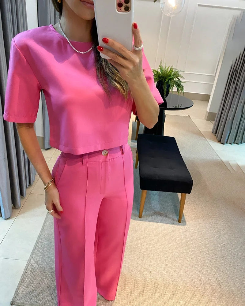 Casual Fashion Women Half Sleeve Crop T-shirt Wide Leg Pants Set Summer Femme Office Lady Two Pieces Suit Set Workwear Outfits
