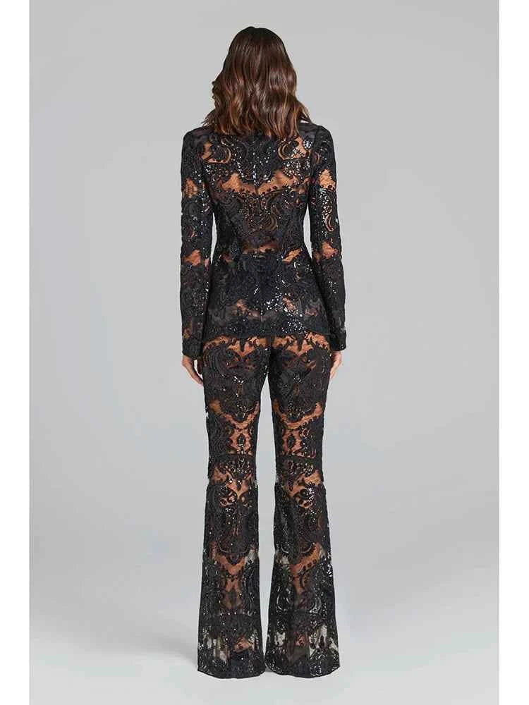 HIGH STREET Newest 2026 Designer Runway Suit Set Women's Single Button Guipure Lace Blazer  Flare Pants Set