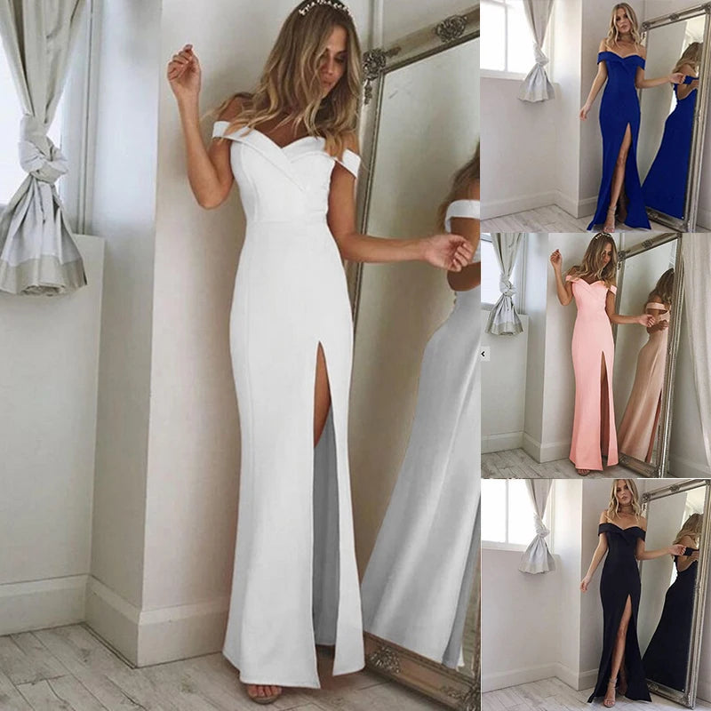 Women Split Bodycon Long Maxi Dress Party Wedding Prom Formal Elegant Solid White Off Shoulder Sleeveless Bandage Cheap Clothes - CRAVO ROSE