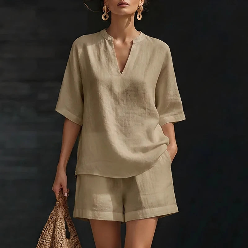 Summer Casual Cotton Linen Two Piece Set For Women V Neck Short Sleeve Shirt High Waist Pocket Short Suit Women Comfortable Set