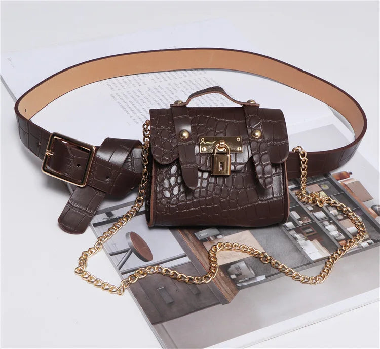 Korean version concave ins crocodile pattern mini small fanny pack removable belt chain diagonal span women's bag