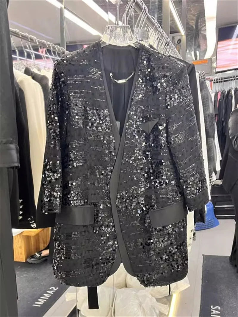 European Brand V-neck Temperament Socialite Sequin Jacket For Women, Mid To Long Style, Stylish Thin Style, Sparkling Top XQ145