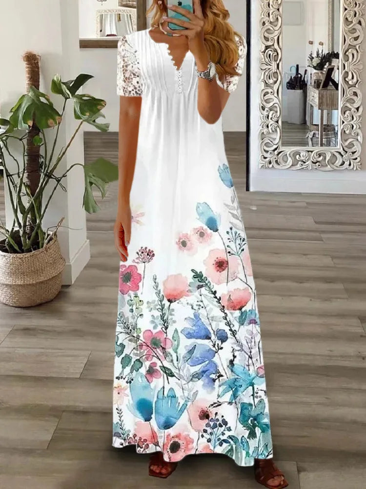 Spring Summer Women's New Fashionable Printed V-neck Sexy Lace Lace Patchwork Single Breasted Long Casual Comfortable Dress