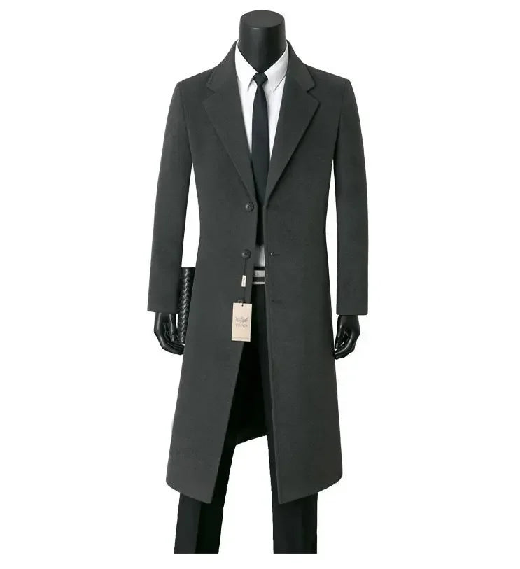 Sobretudo de lã masculino para outono e inverno, comprimento médio, casual, corta-vento quente, jaqueta com gola para pai