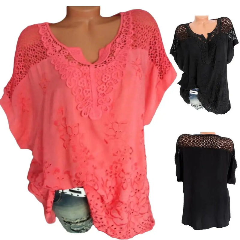 Blusas e tops femininos de manga curta, camisa solta de renda branca, patchwork, tamanho grande 4xl 5xl 6xl, tops femininos, roupas casuais