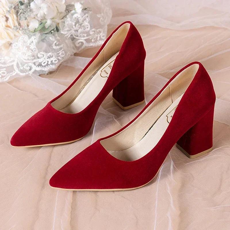 Women's Sandals Summer French Red Wedding Shoes for Women Spring/Summer/Autumn Pointed Thick Heels Not Tiring Feet Bride Shoes - CRAVO ROSE