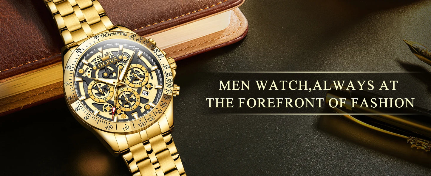 OLEVS Lxuxry Brand Gold Men's Watches Full Skeleton Stainless steel Chronograph Wristwatch Waterproof Luminous Quartz Watch Men